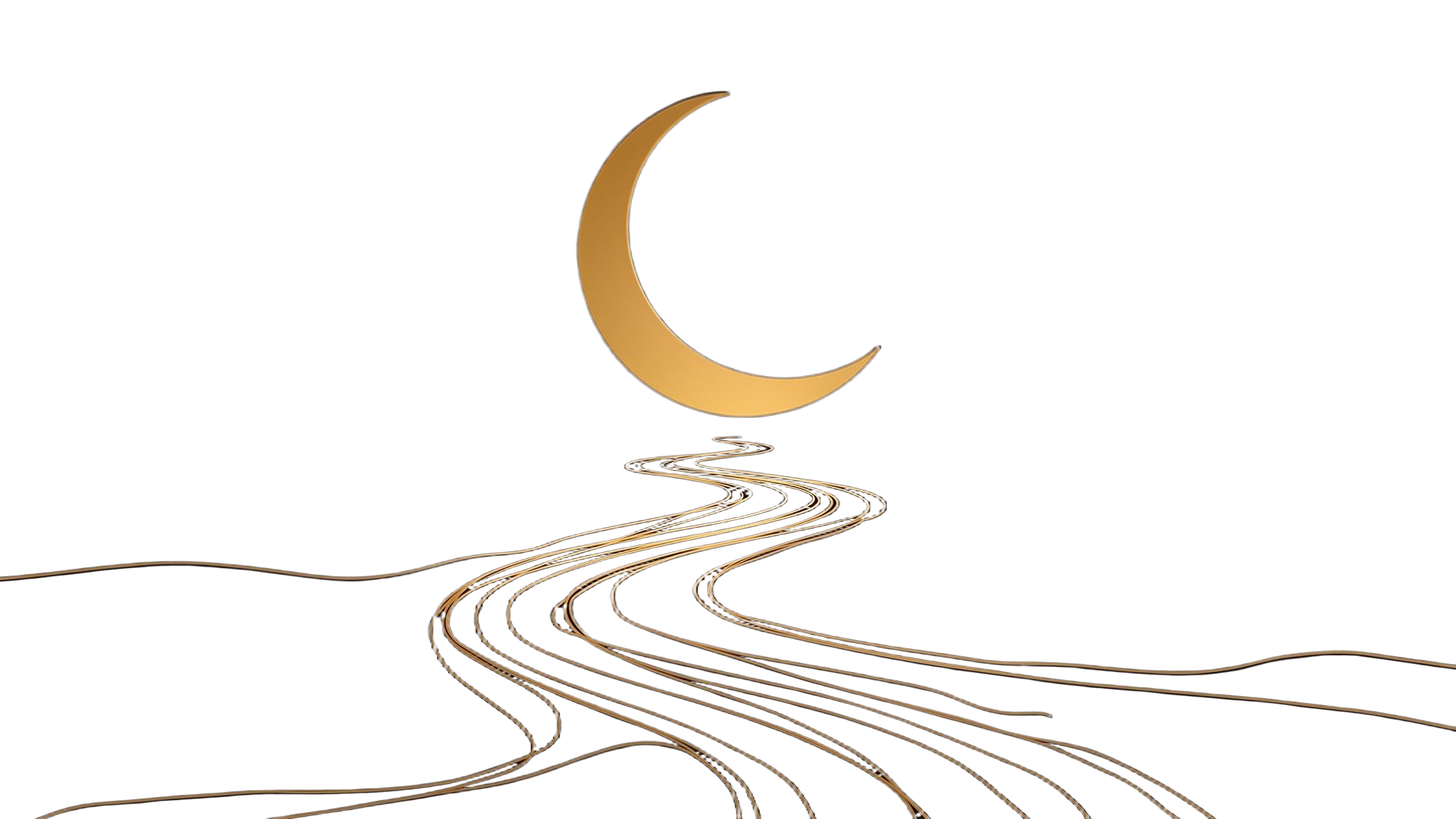 A line drawing of a winding path leading toward a crescent moon, rendered in gold