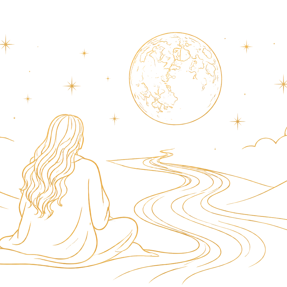 A line drawing of a woman seated before a full moon with a winding dream path flowing between them
