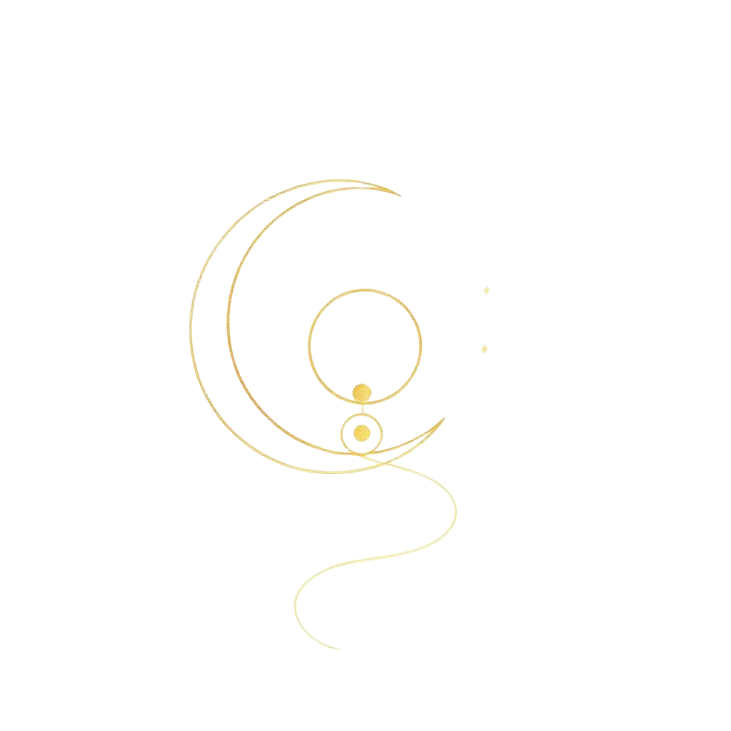 A golden line drawing of a crescent moon cradling a full moon with a winding spiral path leading toward it